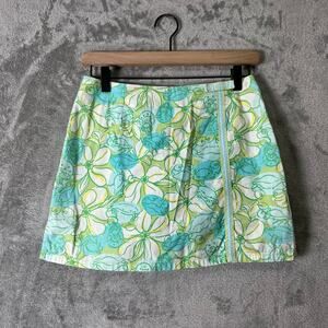 Vintage Lilly Pulitzer Green Blue Floral A-Line Mini Skort Zip Accent Summer 2